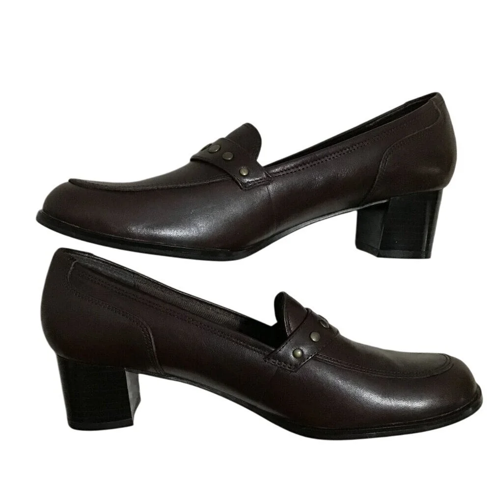 LifeStride League Brown Leather Studded Block Heel Loafers Shoes‎ Womens 7.5 M